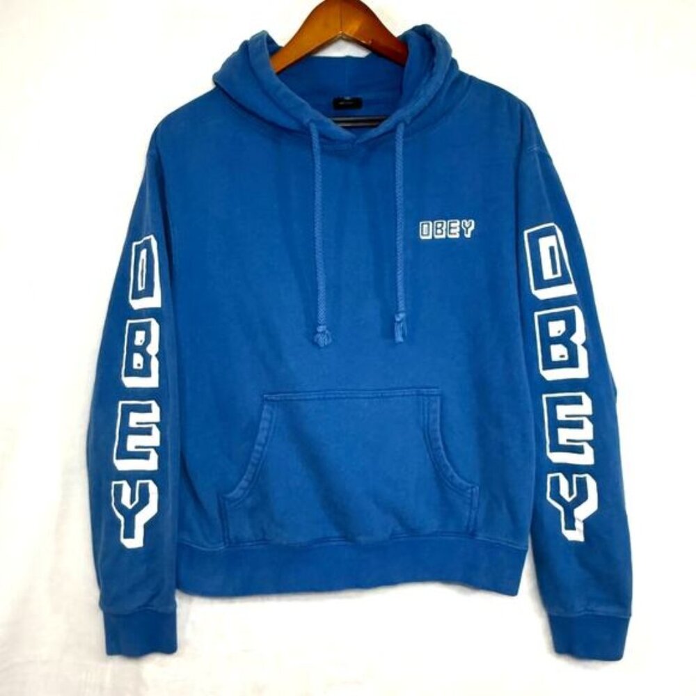OBEY Worldwide L Hoodie Sweatshirt Blue Logo Skater Streetwear Lettering Summer